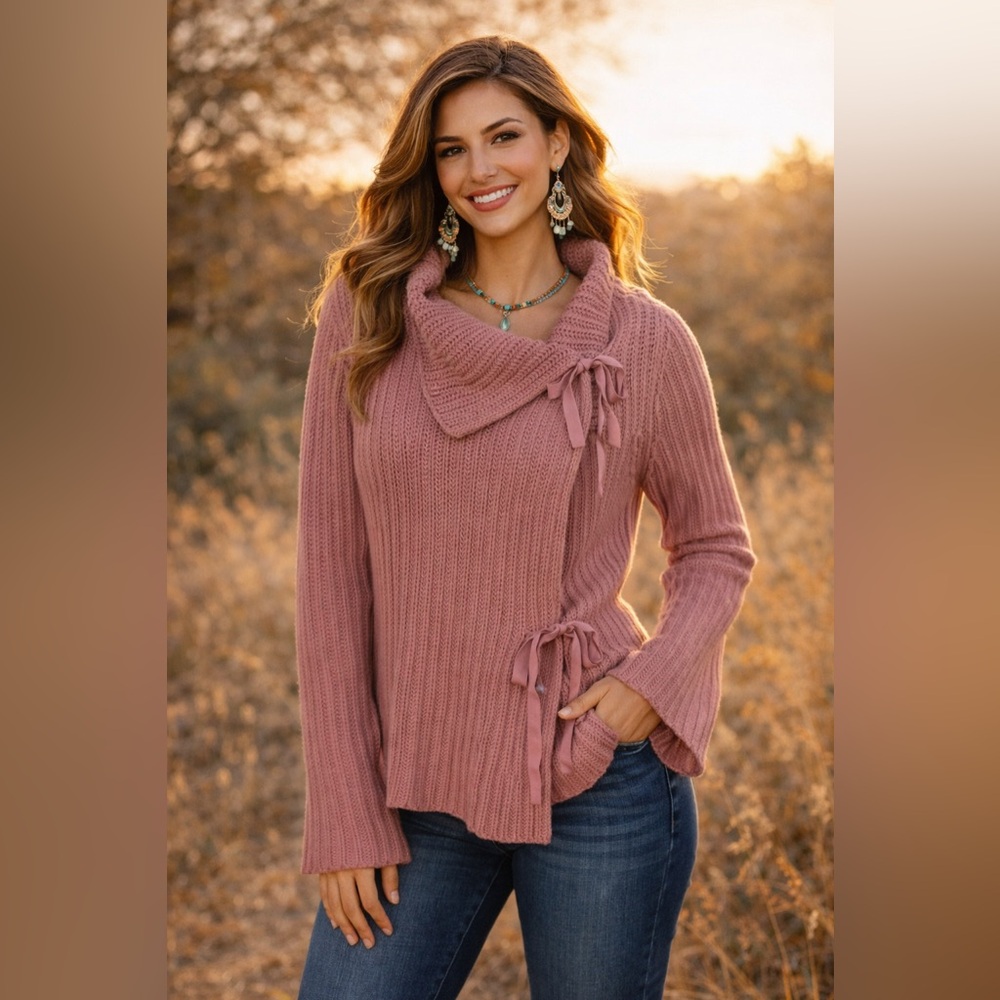 Anthropologie Moth | Pink Mauve Cowl Neck Sweater with Bow Accents | Large